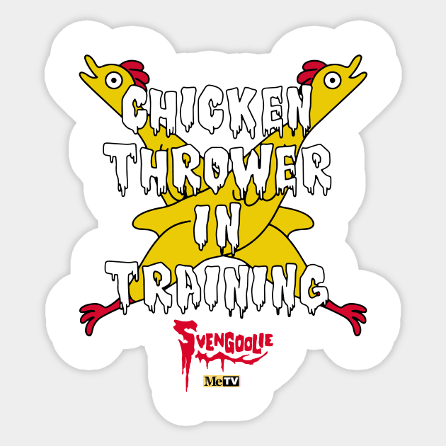 Svengoolie Chicken Thrower In Training Sticker by CelestialCharmCrafts